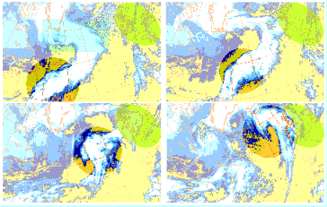 A time series of sat images showing cyclogenesis